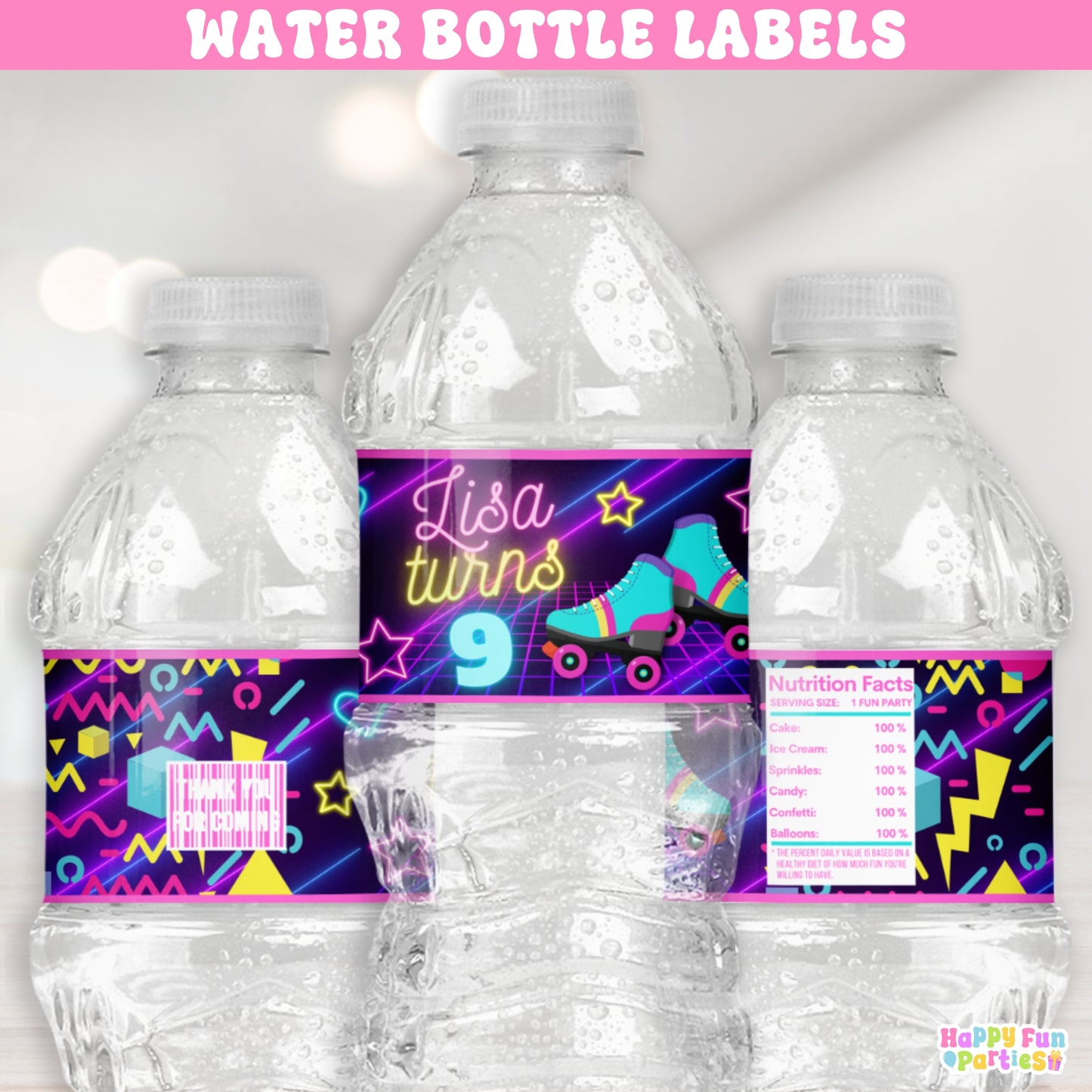 Glow Skating Water Bottle Labels | Personalized Retro Party Stickers