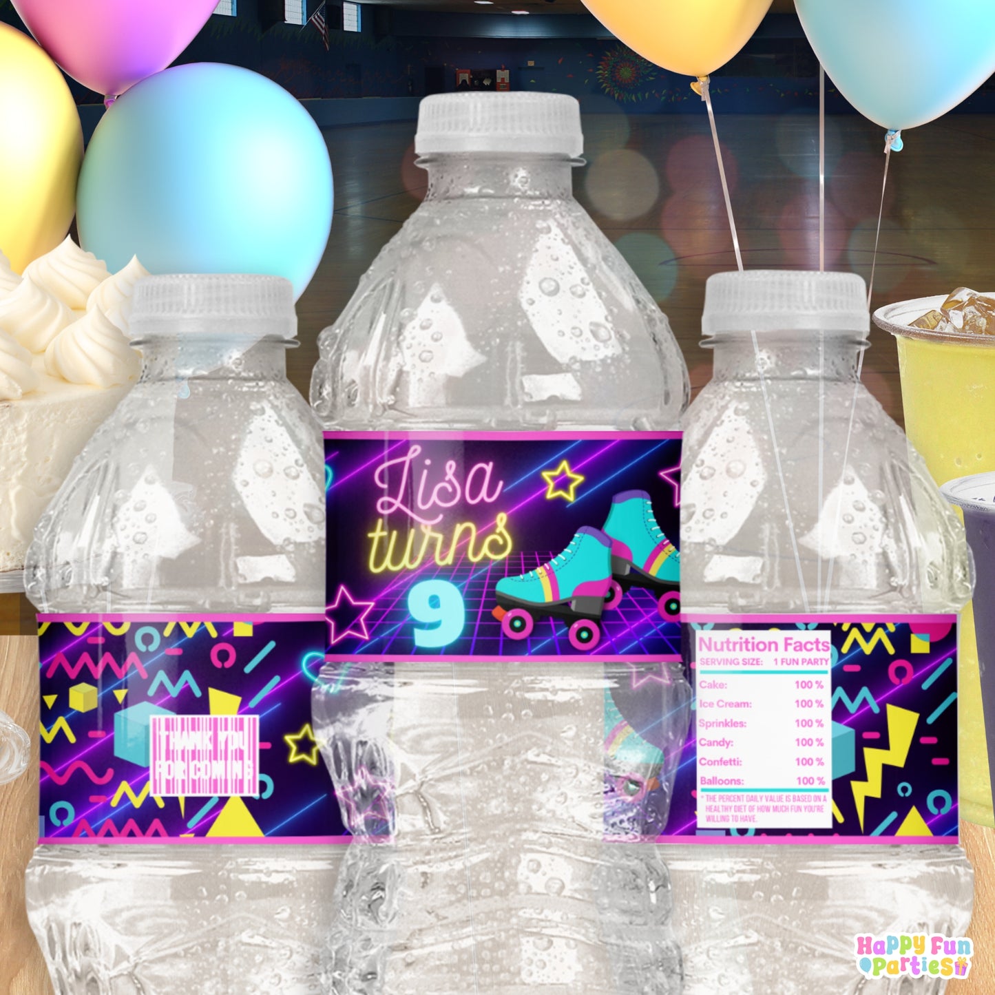 Glow Skating Water Bottle Labels | Personalized Retro Party Stickers