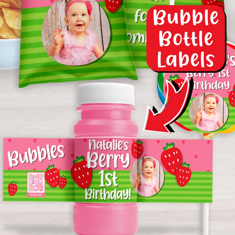 Strawberry Bubble Bottle Labels | Berry First Birthday Party Favors
