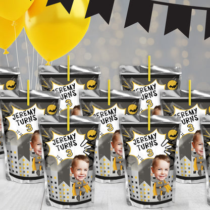 Urban Hero Juice Pouch Labels | Personalized Superhero Party Favor Stickers