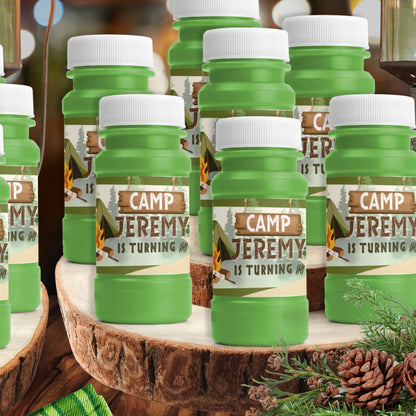 Personalized Camping Bubble Bottle Stickers | Happy Camper Party Favors