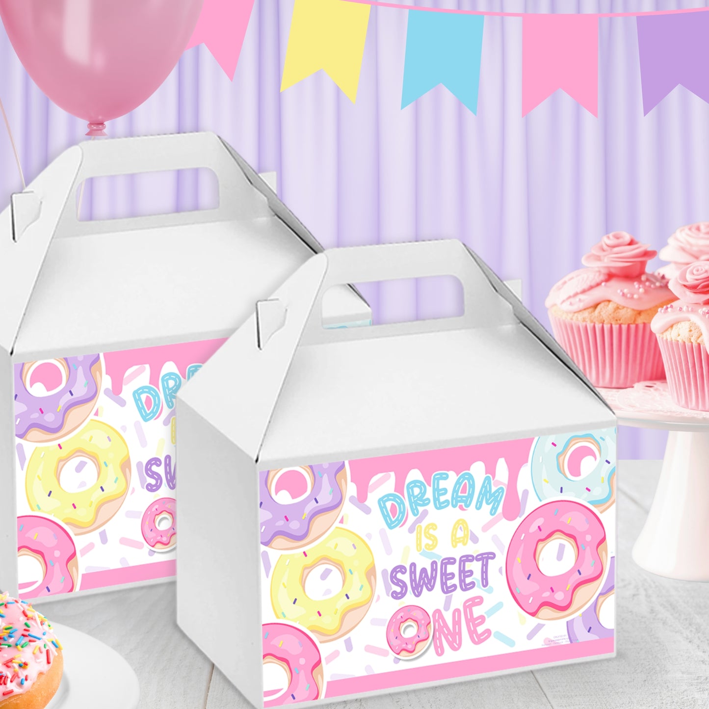 Personalized Donut Favor Box Labels | Custom Gable Box Stickers for Party Favors