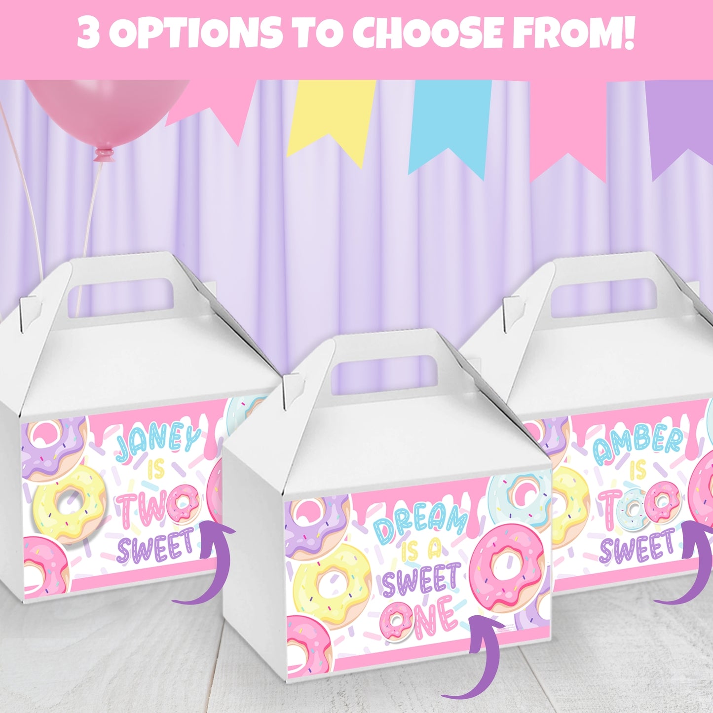 Personalized Donut Favor Box Labels | Custom Gable Box Stickers for Party Favors