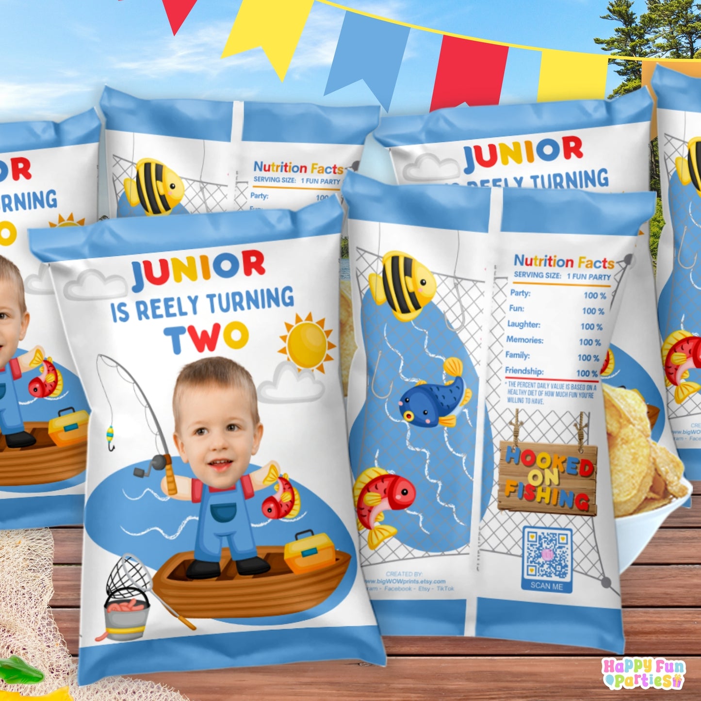 Digital Fishing Party Favors | Printable Snack Bags, Labels & Decorations