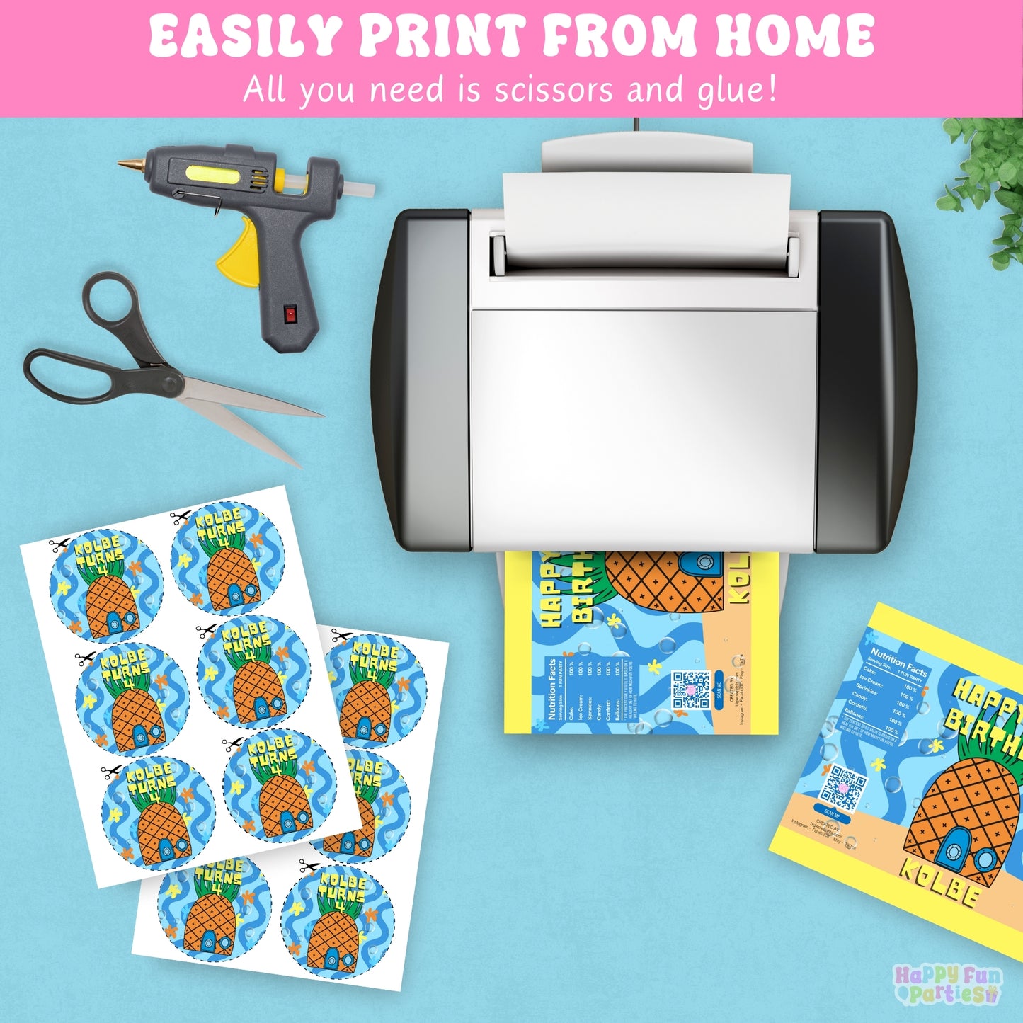 Personalized Tropical Pineapple Birthday Supplies | Pool Party Luau Party Favors | Digital Download