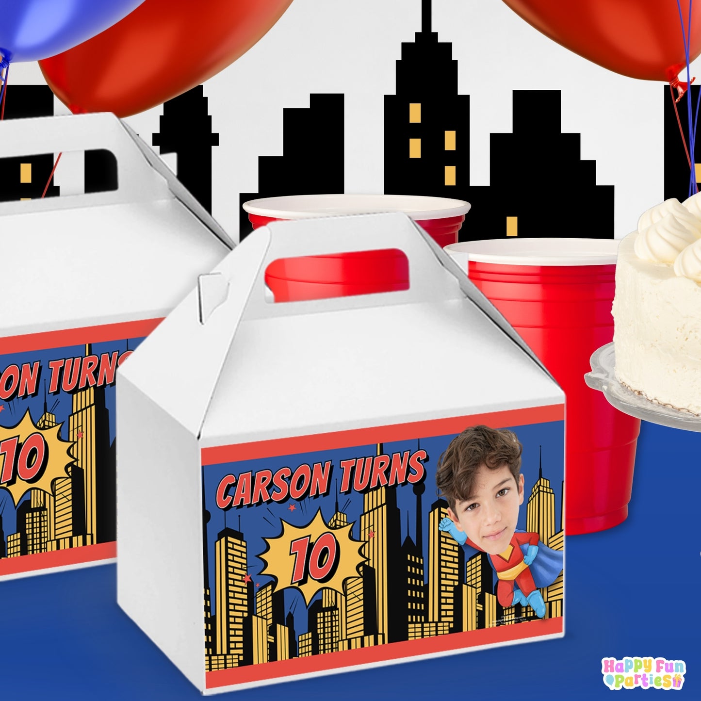 Flying Superhero Gable Box Labels | Personalized Comic Favor Stickers